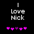 Black background with white text 'Love Nick' and five pink/purple heart icons, where the third icon changes from purple to pink between frames.