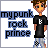 Pixel art character with brown hair and orange skin wearing black t-shirt with white 'B' and blue-gray pants, standing beside text reading 'my punk rock prince' in blue and black pixelated fonts.