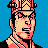 Pixelated 48x48 static icon of a character with pinkish skin tones, black hair, and a red-and-black outfit against solid blue background.