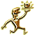 Pixelated figure in brown and beige tones holding a glowing object aloft, rendered with blocky 8-bit style on solid gray background.