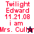Pixelated red text on colored backgrounds with a small animated star icon, displaying 'Twilight Edward 11.21.08 i am Mrs. Cull'