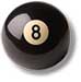 Static image of a black 8-ball pool cue ball with a white circular center containing the number 8, rendered in pixelated style on transparent background.