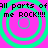A static image with a bright pink background and four green concentric circles arranged in a , overlaid with black pixelated text reading "All parts of all parts of me ROCK!!!!"