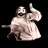 Pixelated figure in white robe with dark accents, two poses showing arm movement against black background.