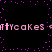 Pixelated pink text 'tlycakes' repeats horizontally across a black background with scattered purple dots, forming a static visual pattern.