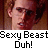 Pixelated image of a person with light skin and brown hair, alongside text reading 'Sexy Beast Duh!' and 'Instant Icons .com' in red and black fonts.