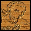 Wooden-textured digital illustration of a character with short hair and flowing fabric, next to text listing name, origin, and type.