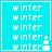 Pixelated cyan background with repeated white 'winter' text and a small white snowman icon in the bottom-right corner.
