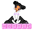 Pixel art character with dark hair in buns, orange skin, purple eyes, white top with pink accents, black pants, and a pink block text base reading 'HOTTIE' on gray background.