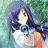 Pixelated anime-style character with long dark purple hair, green eyes, and a white top with blue accents, set against a green and blue pixelated background.