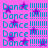 Pixelated blue text "Dance" with six exclamation marks on a pink background, scattered purple star shapes, and visible pixelation artifacts.