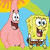A 2x2 contact sheet of four animated frames featuring Spongebob Squarepants and Patrick Star characters with text elements, each frame containing a pink heart outline and blue pixelated text on white background.