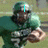 A football player in a green uniform holding a ball, with cyan text overlays changing across frames.
