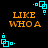 Pixelated orange text "LIKE WHOA" on black background with cyan square-dot animations at corners and midpoints.