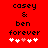Red background with black text reading 'casey & ben forever' and five white hearts, one pink heart, and a changing heart position.