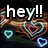 Animated icon with text 'hey!!' and 'just making an icon' over dark background with glowing hearts, transitioning to blue background with 'wats up' text.