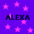 Purple background with pink stars and four instances of the text ALEXA in black pixelated font.