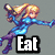 Pixelated character in blue outfit holding a weapon, with text "Eat your hearts out" and red heart symbol.