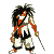 Pixel art character in black, white, and orange outfit performing sequential sword and flag actions across four
