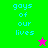 Pixelated text 'gays of our lives' in cyan on green and pink backgrounds with a star symbol.