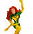 Pixelated figure with red hair in green and yellow costume holding golden staff, dynamic pose against gray background.
