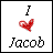 Pixelated icon displays 'I' above red heart symbol and 'Jacob' below on white background with black border.