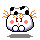 Pixelated cartoon character with black-and-white cow-like spots, orange spiky hair, pink cheeks, and red text 'CJ' on its face, shown in multiple expressions on gray background.