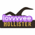 Animated pixel art icon featuring a dark curved shape above the word 'HOLLISTER' in gold letters on brown background, with changing text overlays.