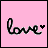 Pixelated pink square with black border contains 'love' text and heart symbol in grayscale script style.