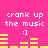 A bright pink background displays repeated text "crank up the music" with smiley face :], and yellow audio equalizer bars that change height across frames.