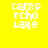 Pixelated white text 'camp echo lake' on a yellow-to-green gradient background with four distinct visual states.