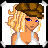 Pixel art character with blonde curly hair, brown cap, white tank top, blue eyes; text below reads 'yes i know' and 'that im hott!' in black font.