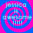 Four identical pixelated display 'jessica is awesome !!!!' text over a blue and pink spiral background with slight variations in color intensity