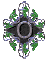 Six diamond-shaped icons arranged in two of three, each featuring a central black diamond with silver ring and green leafy patterns on gray background