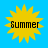Four identical yellow sunburst icons with black text reading 'Summer' on a solid blue background, arranged in a