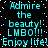 Pixelated cyan text on black background with white speckles, repeating phrases 'Admire the beauty! LMBO!!! Enjoy life!' in a