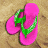 Animated sequence of pink flip-flops with green straps on a sandy background, showing sequential motion effects.