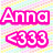 Pixelated pink text 'Anna' and '<333' on diagonal pastel stripes with a gray rectangle in the bottom-right corner.