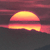 Pixelated sunset scene with a semi-circular yellow-orange sun above a dark horizon, set against a gradient sky transitioning from deep purple to pink.