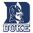 Duke University logo with a blue and white color scheme, featuring a stylized 'D' and the word 'DUKE' below it, set against a solid blue background with additional text elements.