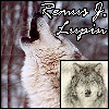 A wolf howling in a snowy forest with three different inset images of wolves and text reading 'Remus J. Lupin' above.