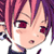 Pixelated anime-style character face with pink and purple hair, red eyes, and a slightly open mouth showing teeth, set against a white background.