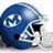 Blue football helmet with white accents on left, blue pixelated text on black background on right.