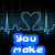 Blue heart outline and ECG line background with blue text boxes reading You make my heart beat on black.