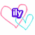 Animated icon with pink and cyan heart outlines; text changes from 'ily' to 'scotty' to '6/18/08' over time.