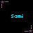 Pixelated animation with cyan 'Sami' text and pink/purple star-shaped icons on black background, icons shift position across frames.