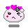 Pixelated pink circular character with purple heart-shaped hair, black eyes, red cheeks, and a downturned mouth; left eye has blue tear-like shape.