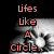 Pixelated grayscale image of a character's face with red text reading 'Lifes like A Circle...' on the left and 'It Goes On...' on the right.