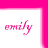 Pixelated pink text 'emily' on white background with bright magenta border.