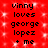 Red background with white pixelated squares; black text reads "vinny loves george lopez + me" in two identical vertical